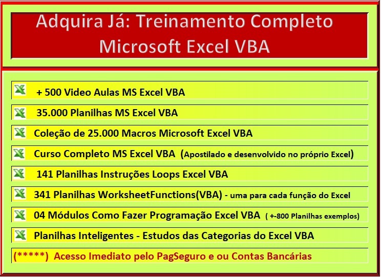 Aquisição do Material didático Escola SaberExcel VBA Estudos - Planilhas e Videos